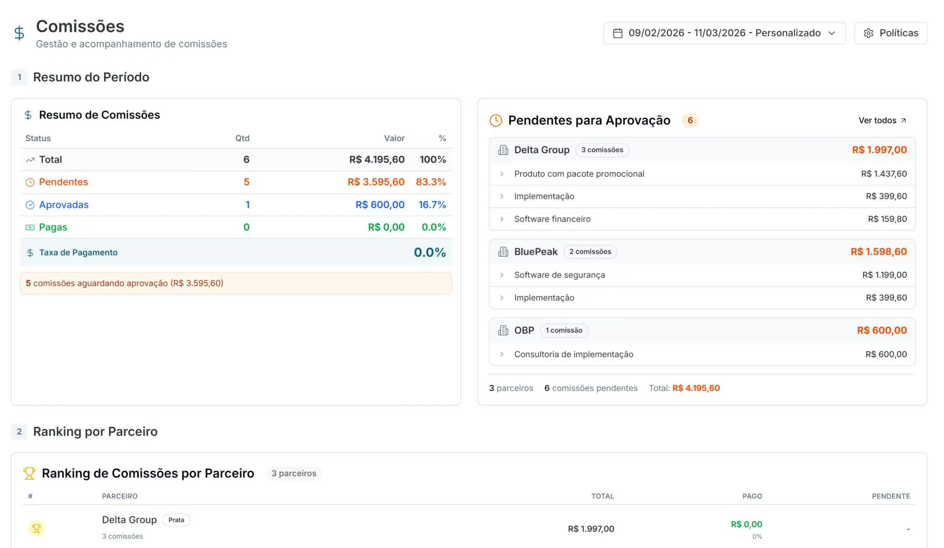 Tela de comissionamento e incentivos