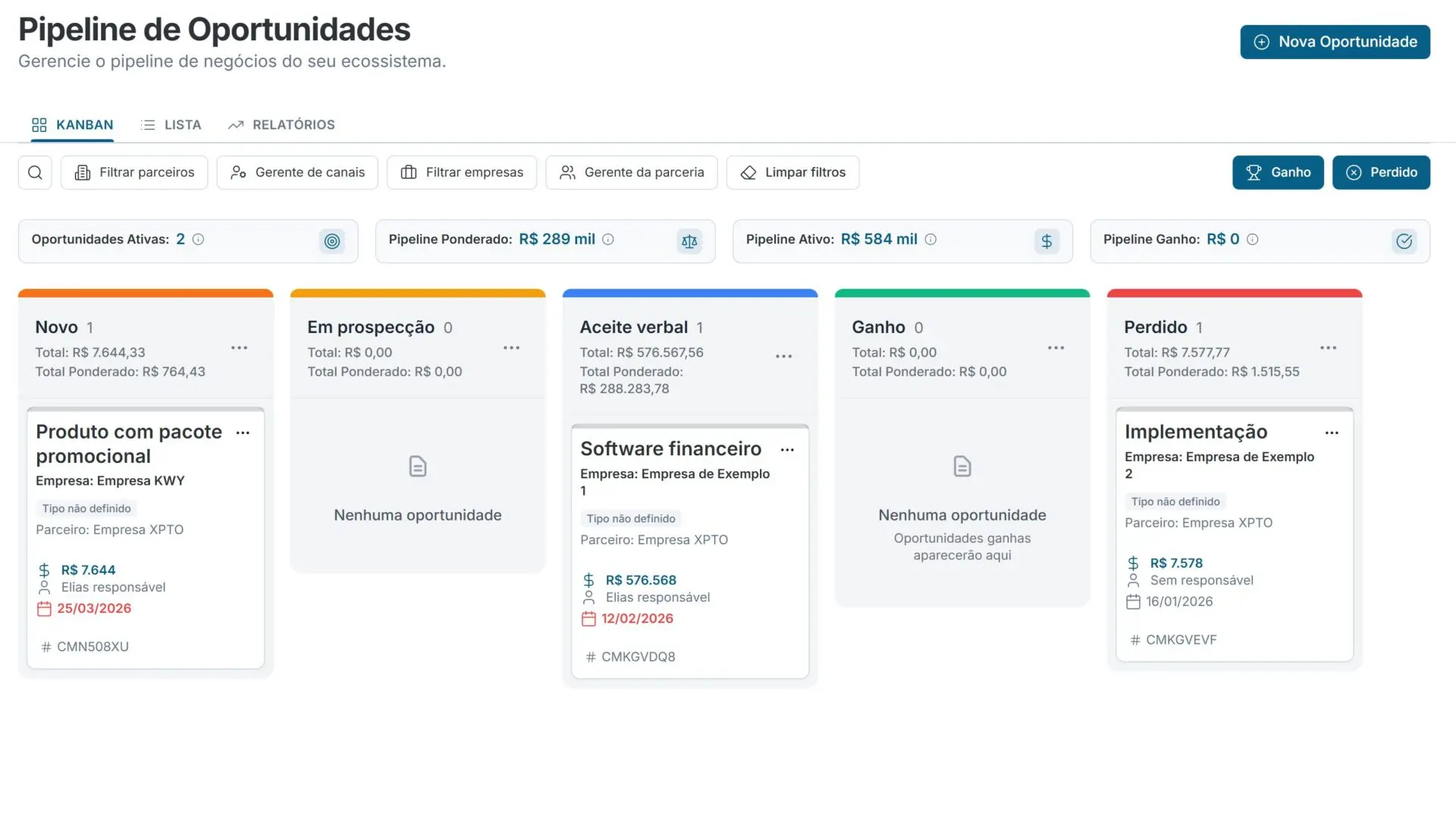 Tela de gestão de oportunidades
