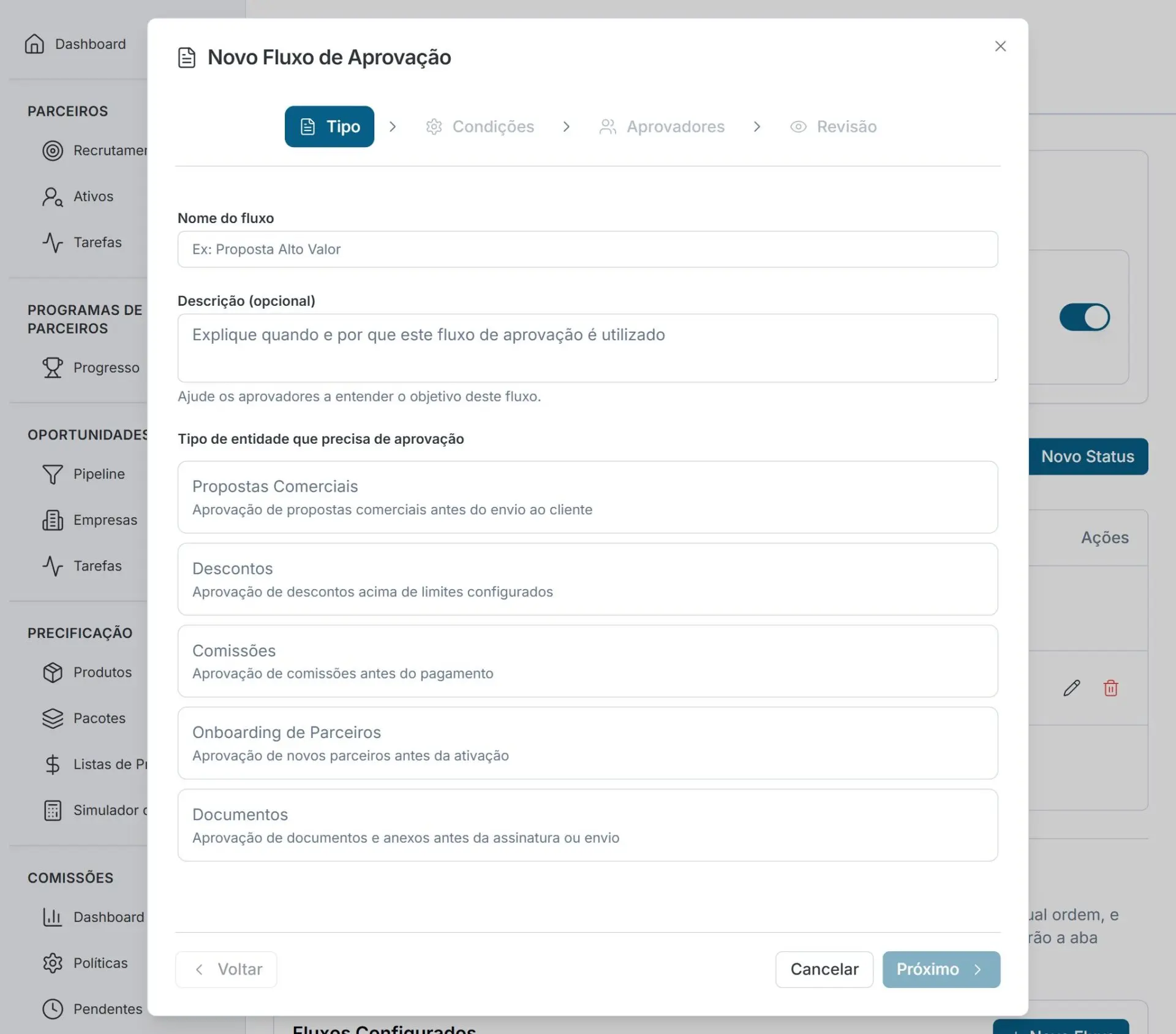 Painel de configuração de fluxos de aprovação na PartnersHub